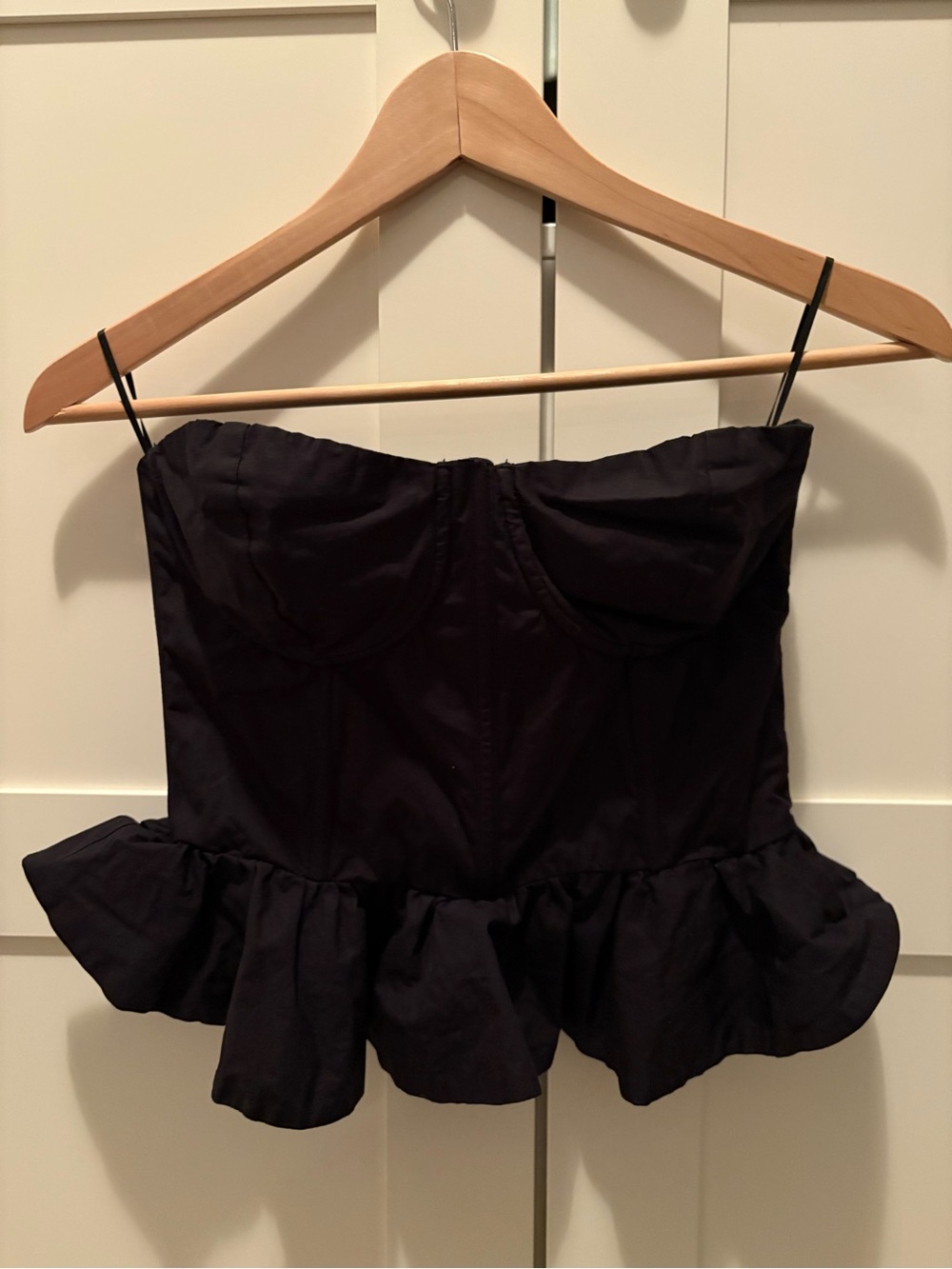 Olivaceous Black Strapless Ruffle-Hem Camisole